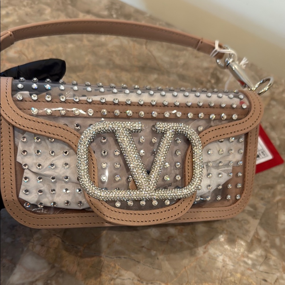 Valentino Tan Crystal-Embellished Clutch